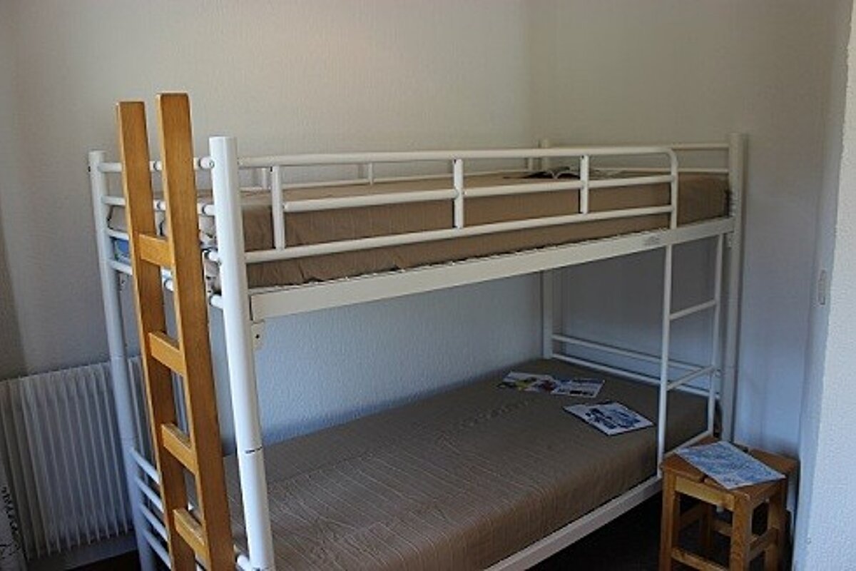 A bunk bed with a ladder is in a small room