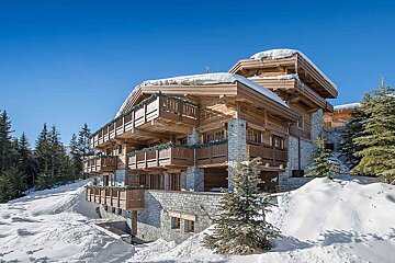A large house is surrounded by snow and trees