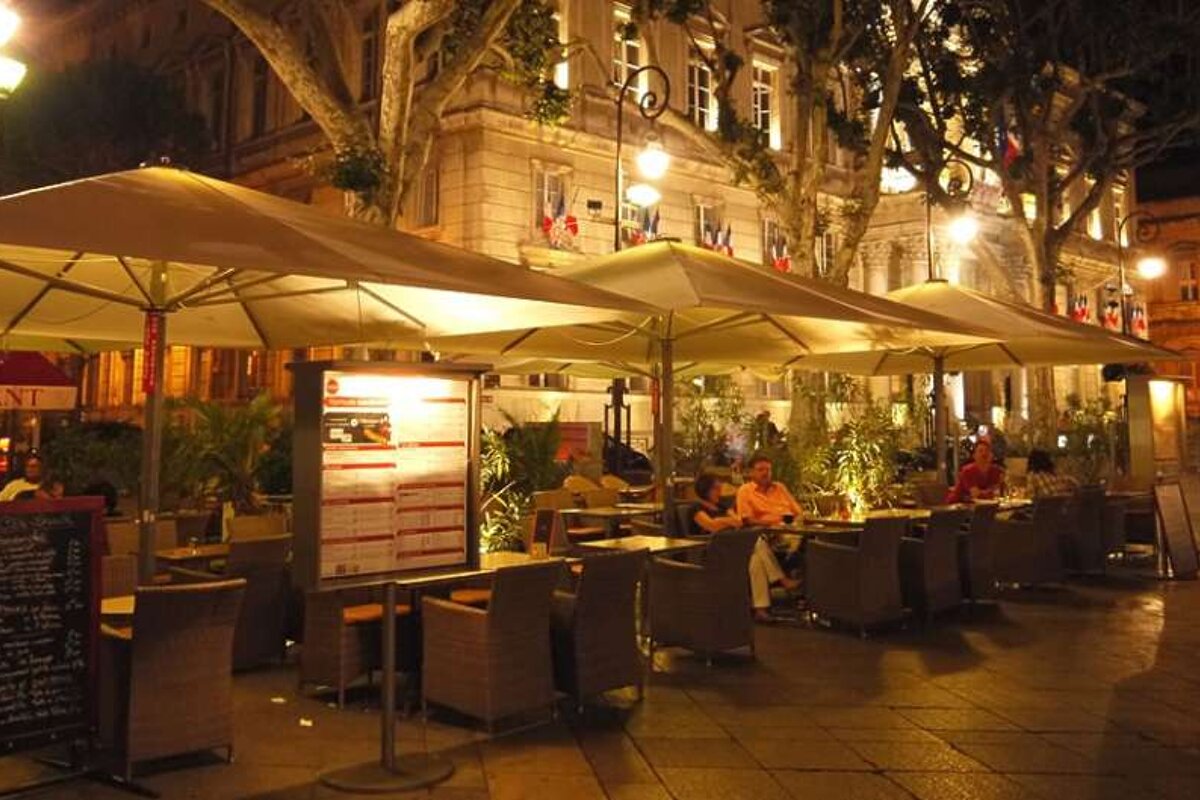 photo of a bar terrace at night
