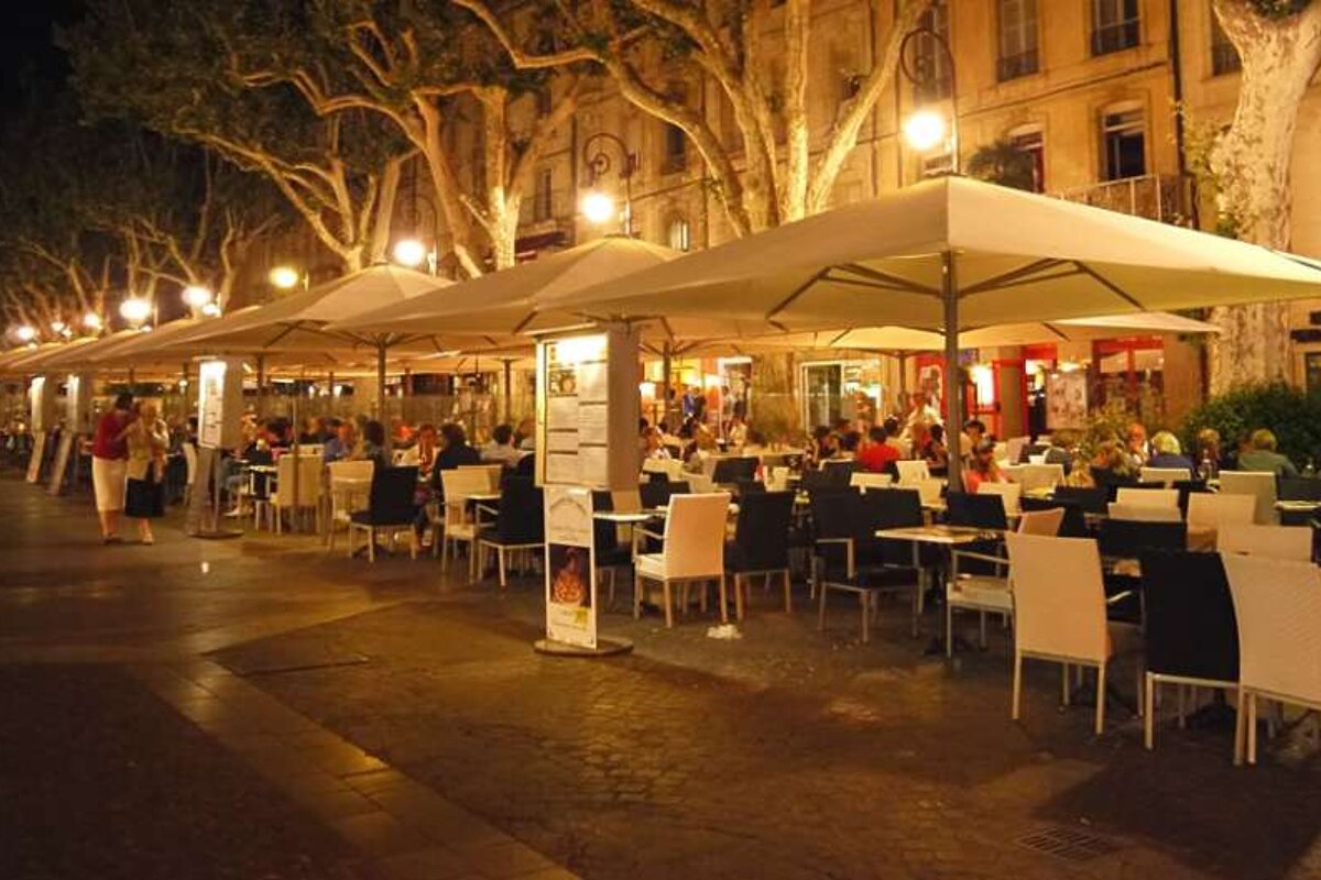 photo of rfestaurants and bar terraces at night