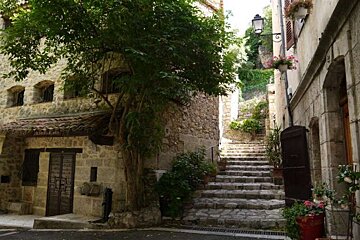 a photo of a village lane and steps