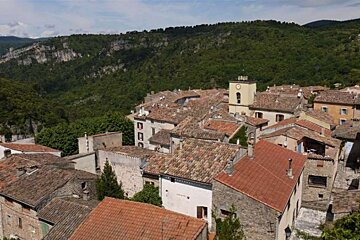 a photo of village rooftops