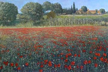 photo of a painting of a poppy field
