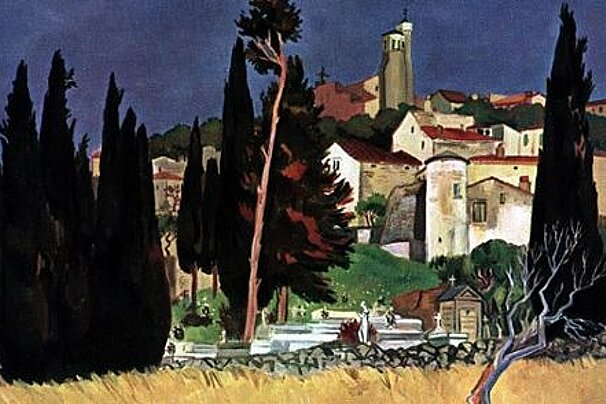 colourful painting of a village with trees