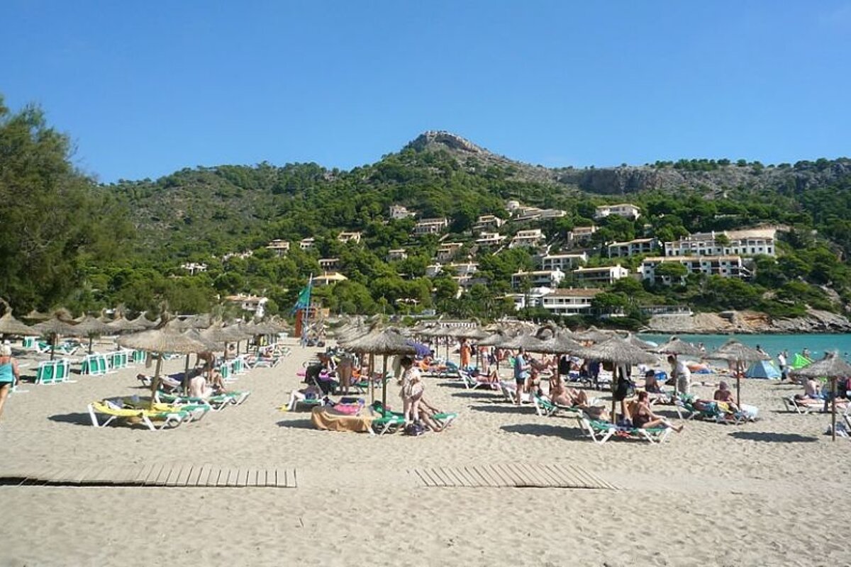 photo of a beach with sun beds