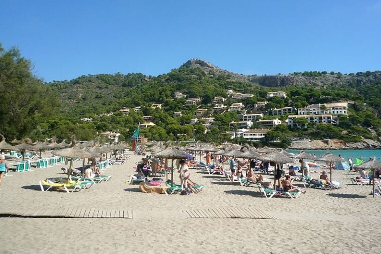 photo of a beach with sun beds