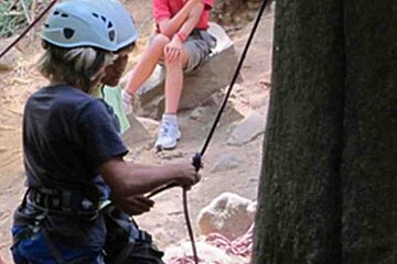 A young boy wearing a helmet is climbing a tree