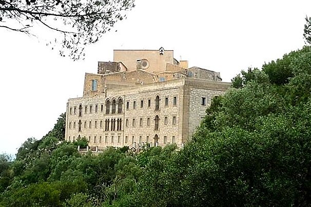 a photo of a large building on top of a hill