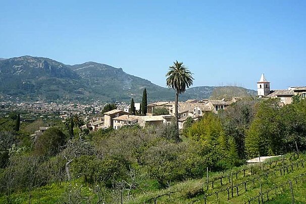 a photo of a village with mountains
