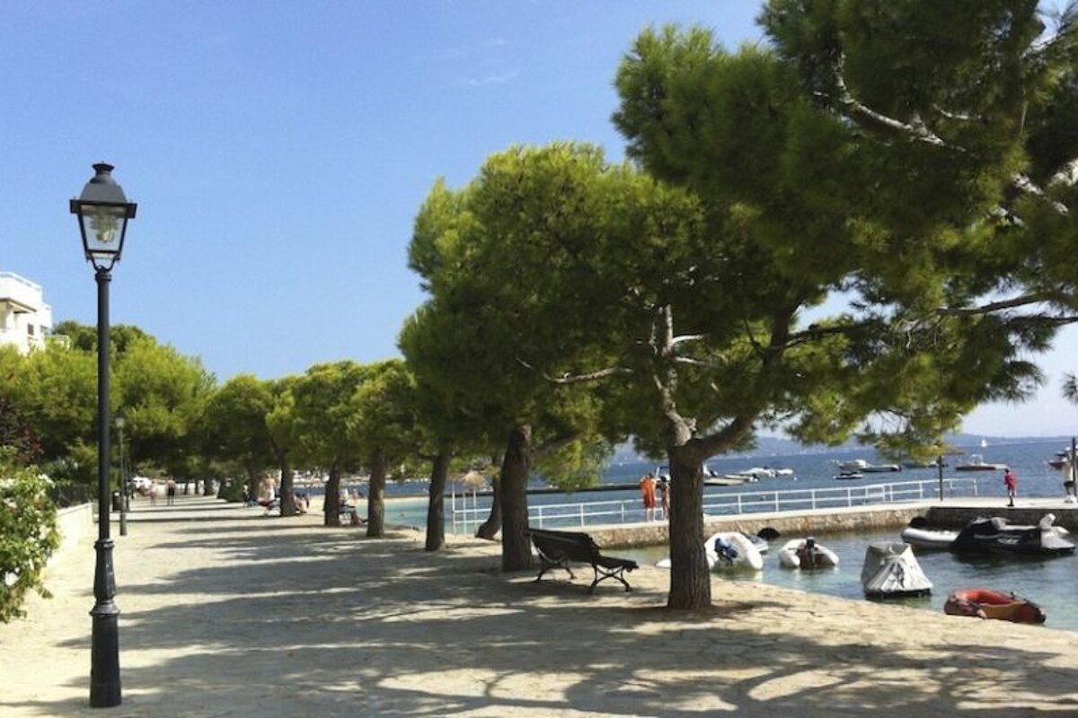 a photo of a paved path next to the sea