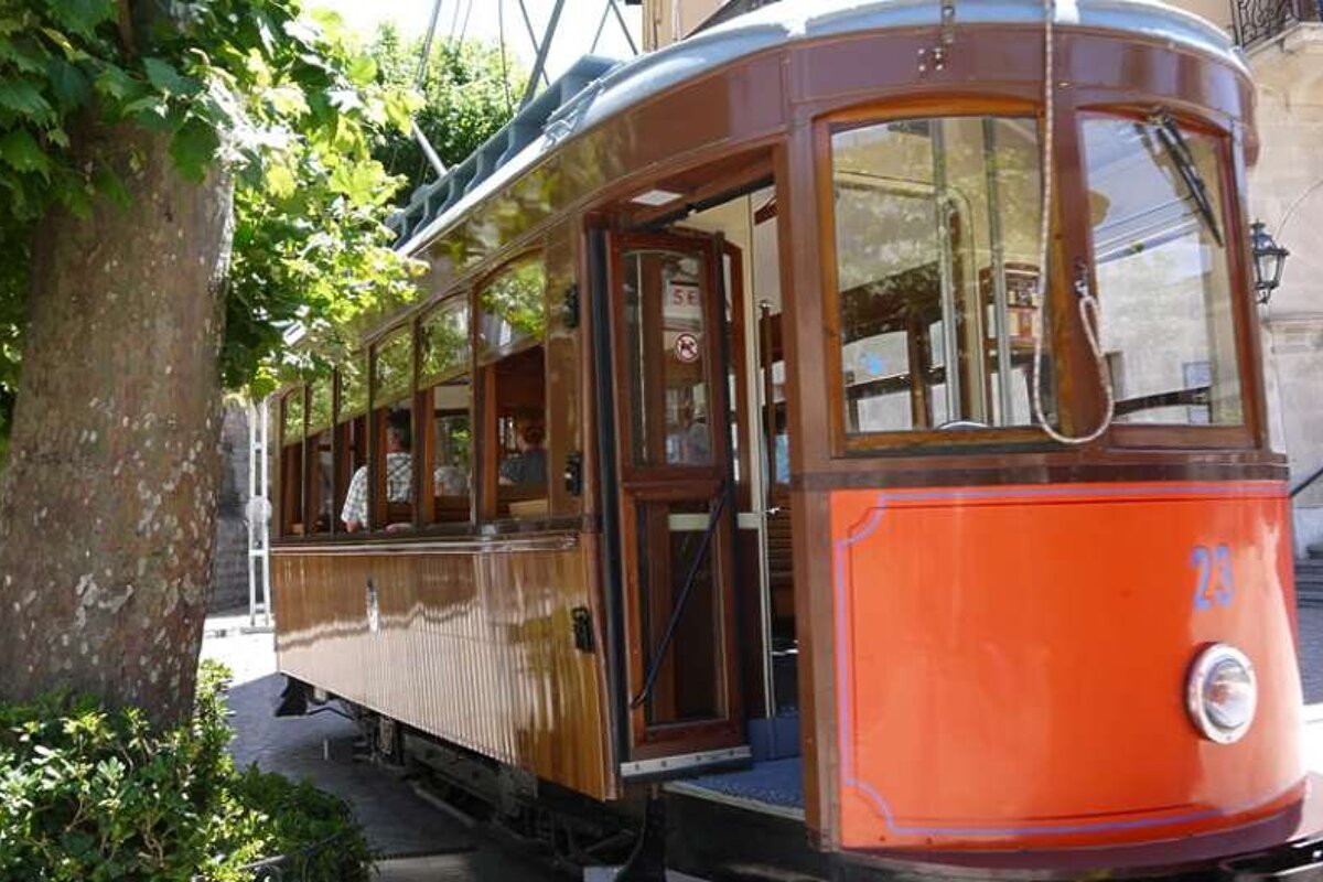 photo of a orange tram