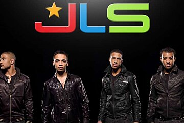Four men standing in front of a jls logo