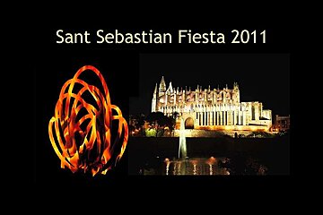 a photo of palma cathedral at night with an image for sant sebastia fiesta
