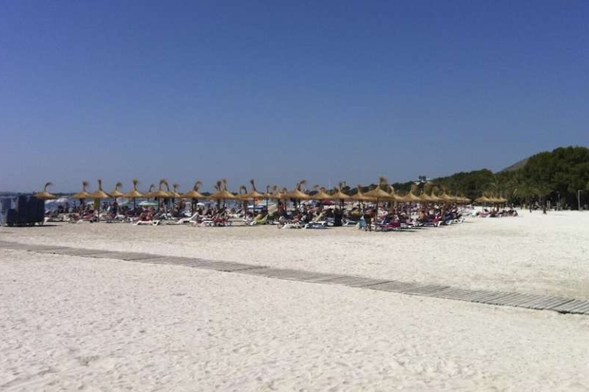 photo of a beach and sun loungers