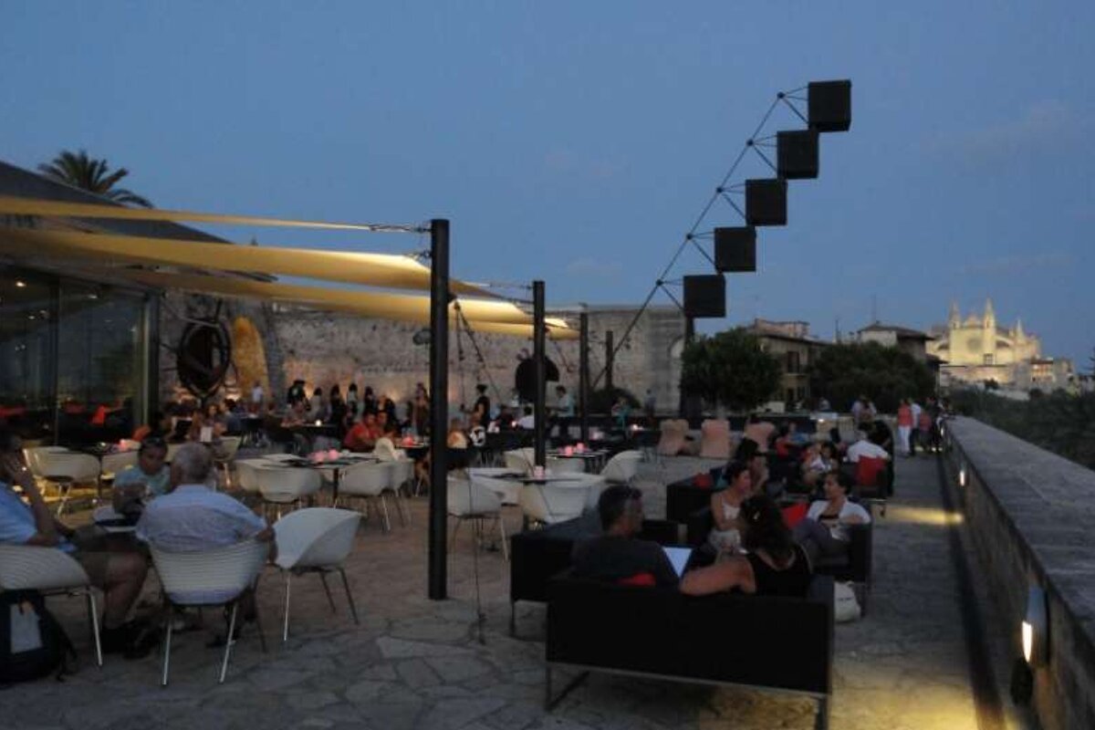 terrace with cathedral in background