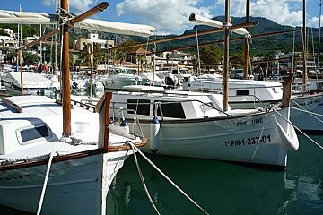 fishing boats in a marina at Port Soller, Mallorca