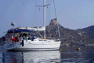 an image of a sailing boat moored on calm waters just off a rocky coastline