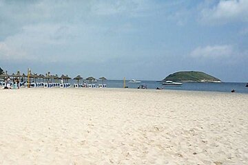 a photo of a sandy beach with straw parasols