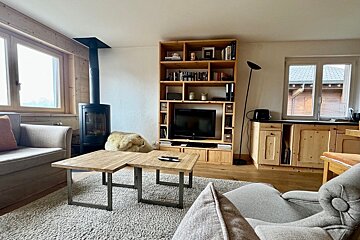 A rustic living room featuring a black wood stove, wooden shelving unit with a TV, light wood furniture, and a comfy rug.