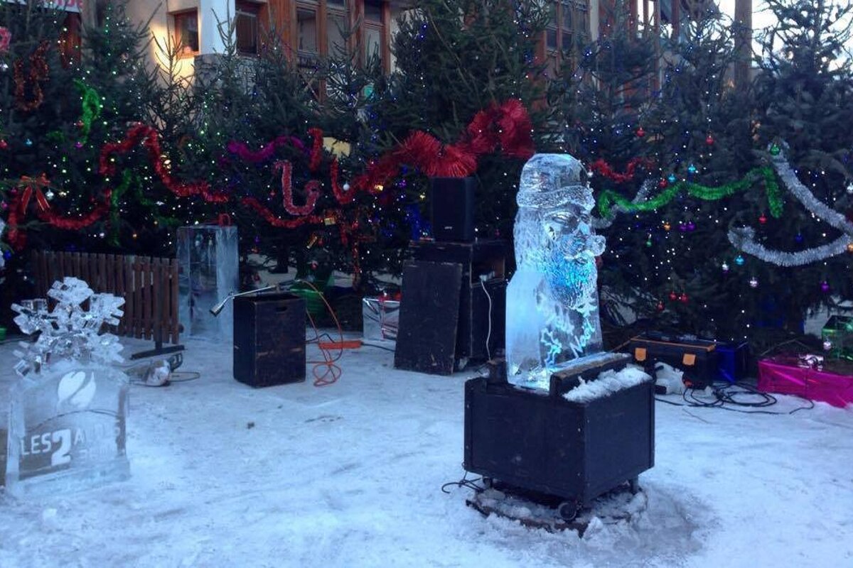 ice sculptures in town in 2 alpes
