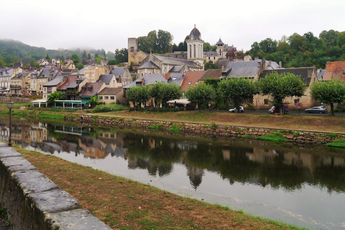 looking across the river to the town of montignac in dordogne