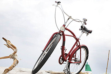 A red bicycle is parked on a piece of driftwood