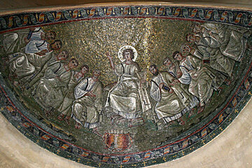 A mosaic of jesus surrounded by a group of people with the word jesus on the bottom