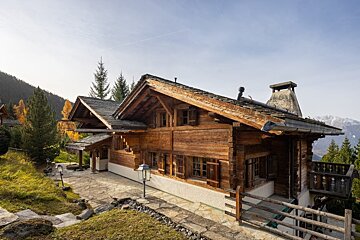A charming, rustic wooden chalet with a shingled roof stands on a mountainside. Surrounded by evergreen and autumn trees, a stone path leads to it under a clear sky.