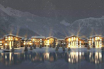 An artist 's impression of a ski resort in the mountains at night