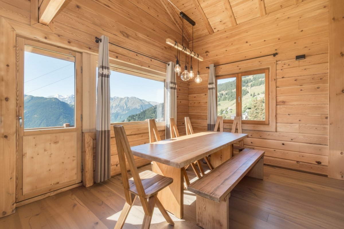 Rustic wooden dining room with a long table, chairs, and bench, boasting panoramic mountain views through large windows.