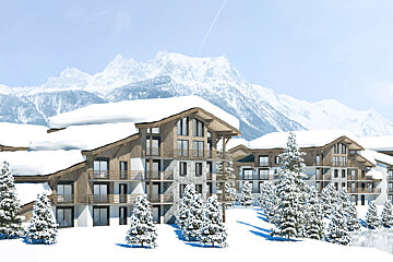 An artist 's impression of a ski resort with mountains in the background