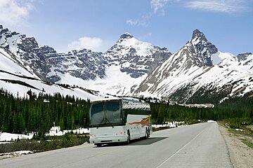 A white bus is driving down a road with snowy mountains in the background