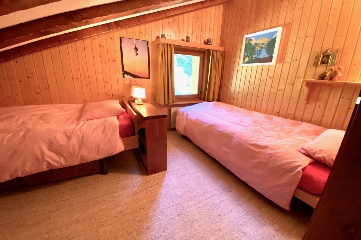 Cozy, rustic bedroom featuring two single beds with pink bedding, wooden paneled walls, a sloped ceiling, window, and framed artwork.
