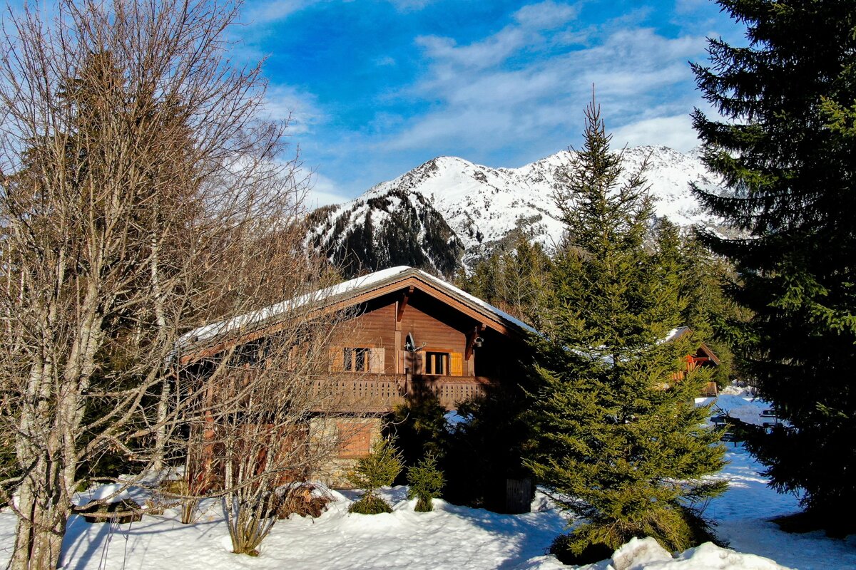 A cabin in the snow with a mountain in the background