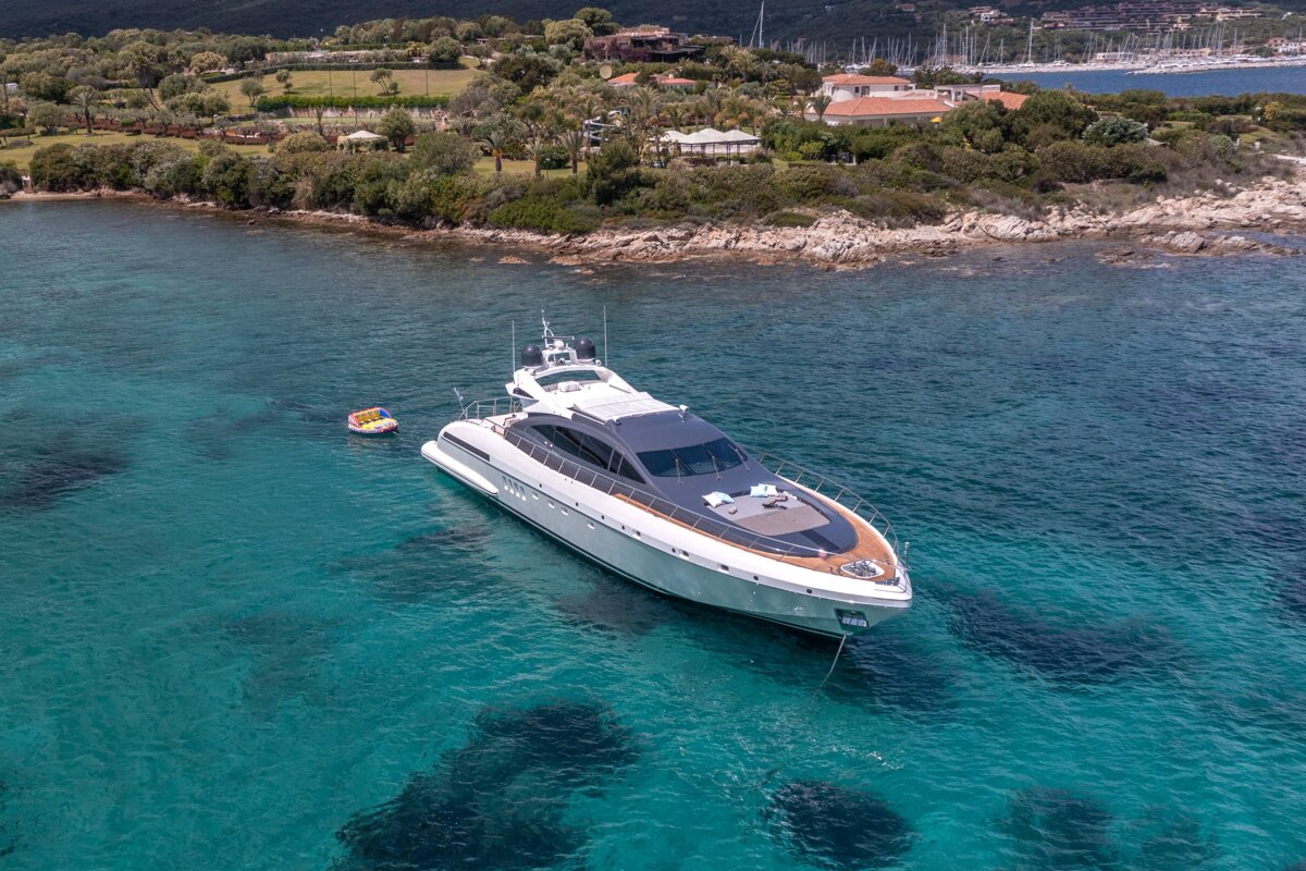 An aerial view of a large yacht in the ocean