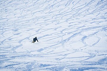 a skier in deep powder