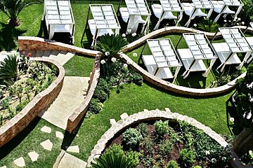 An aerial view of a lush green garden with a stone walkway