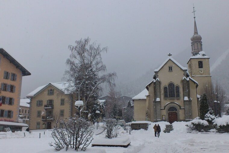 Chamonix town centre in the snow