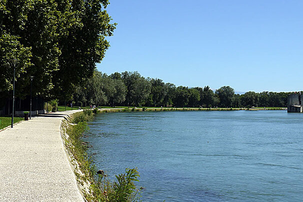 a walk way on an island along the river