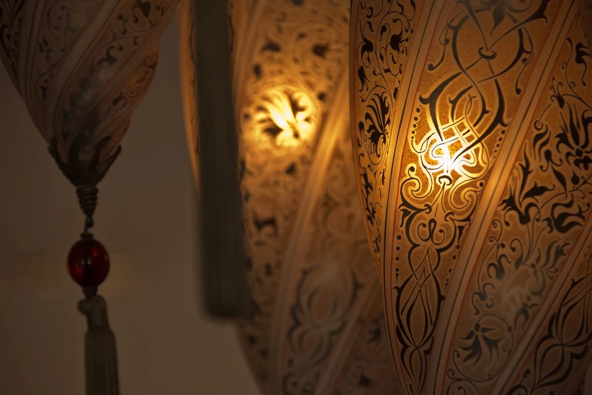 A lamp with a pattern on it is lit up