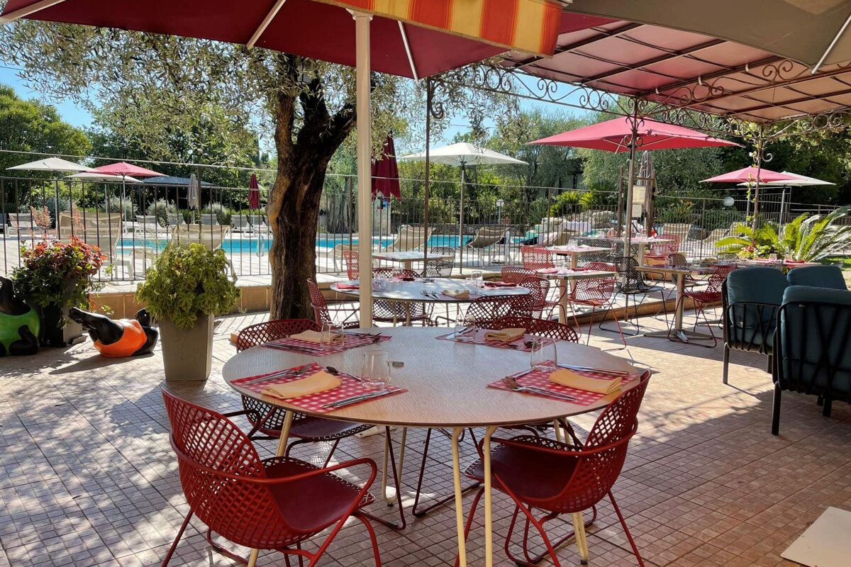 A patio with tables and chairs and umbrellas with a pool in the background