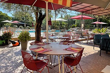 A patio with tables and chairs and umbrellas with a pool in the background