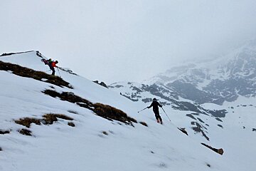 two skiers dodging grass patches