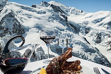 a restaurant with a view of Mont Blanc