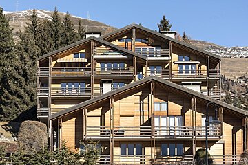A large wooden building with a mountain in the background