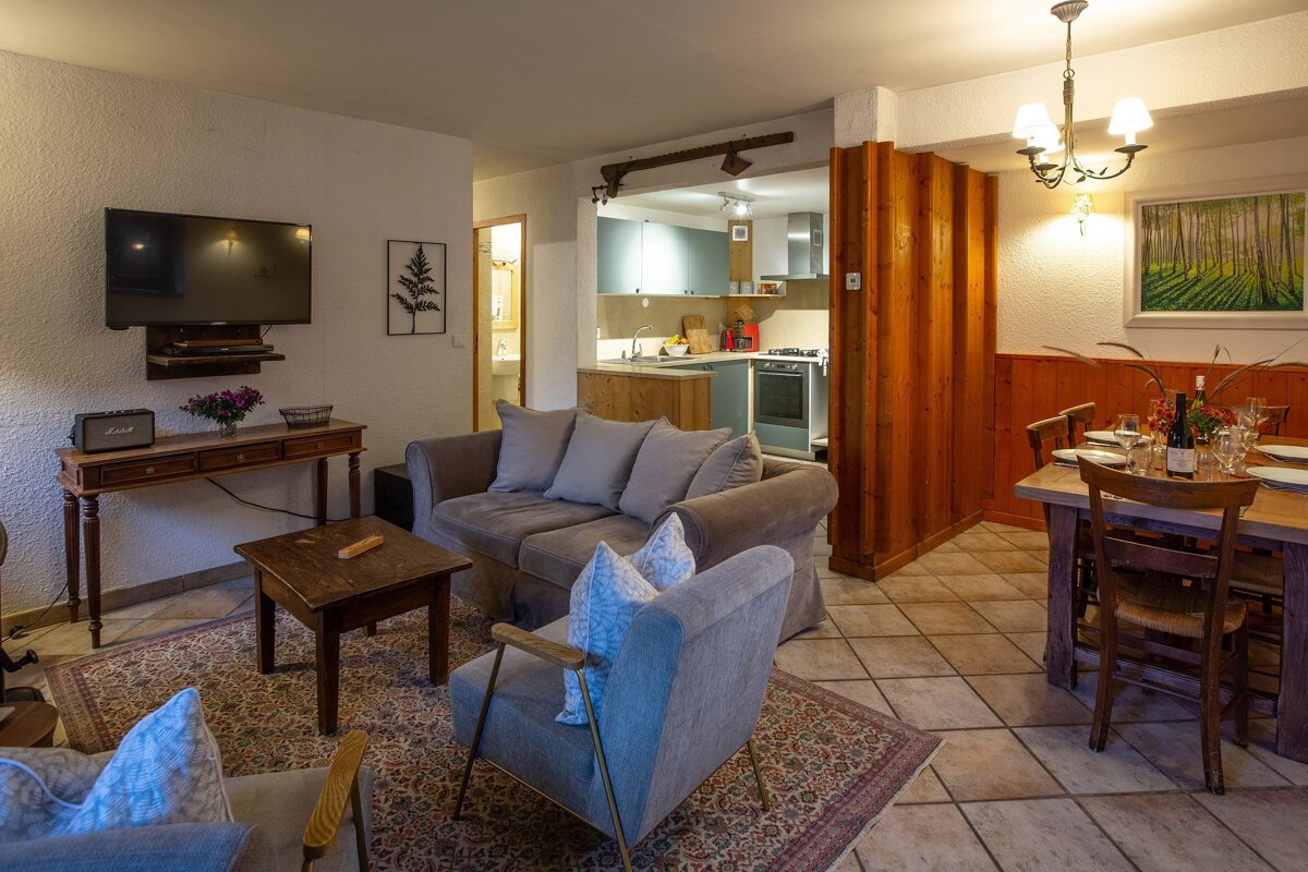 A warm, open-plan living space featuring a sofa, TV, and rug, flowing into a dining area with a set table, and a visible, modern kitchenette.