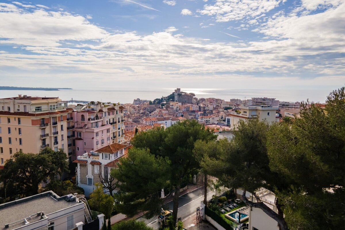 An aerial view of a city with a castle in the distance