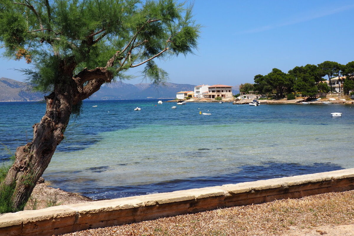 a stone wall with the beach behind