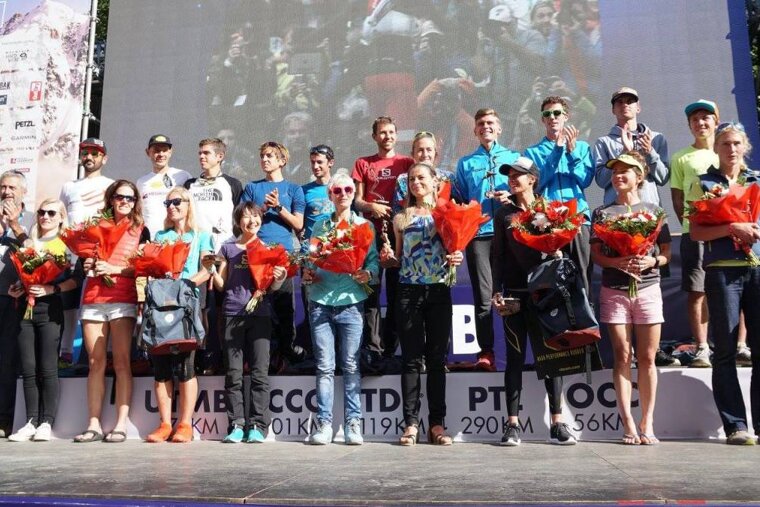 winners on the podium at the utmb