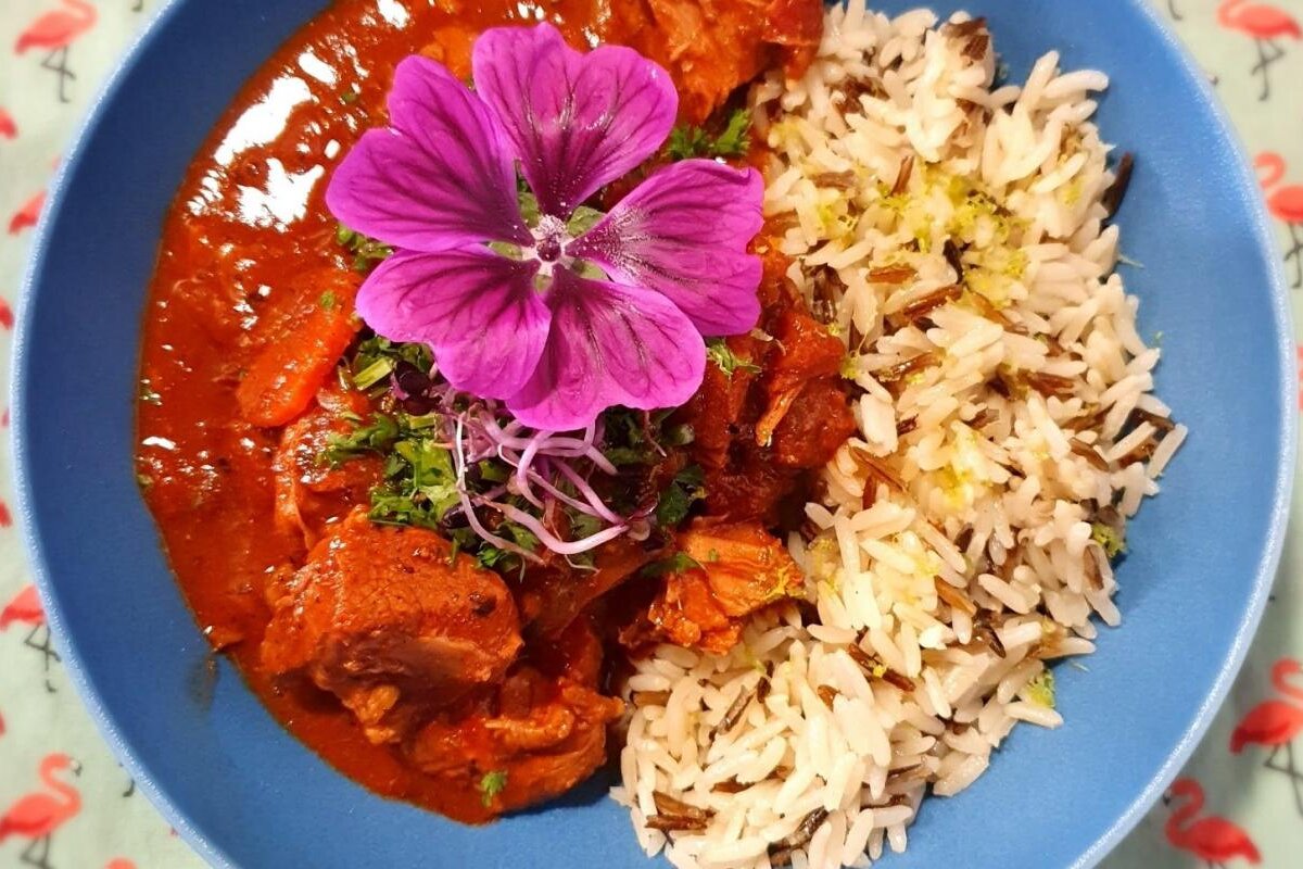 A bowl of food with rice and a purple flower on top